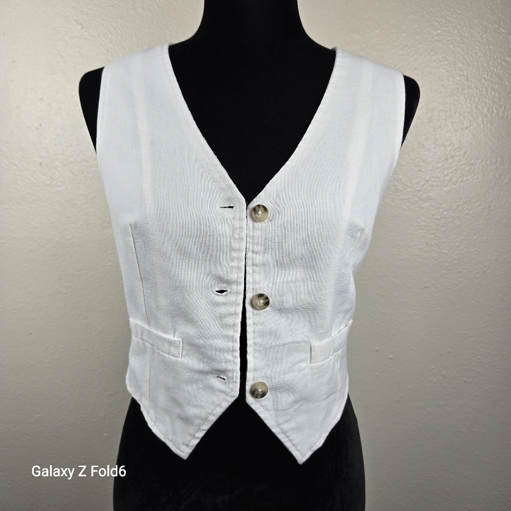 Almost Famous White Linen Blend Button Front Tailored Vest Women Small Academia